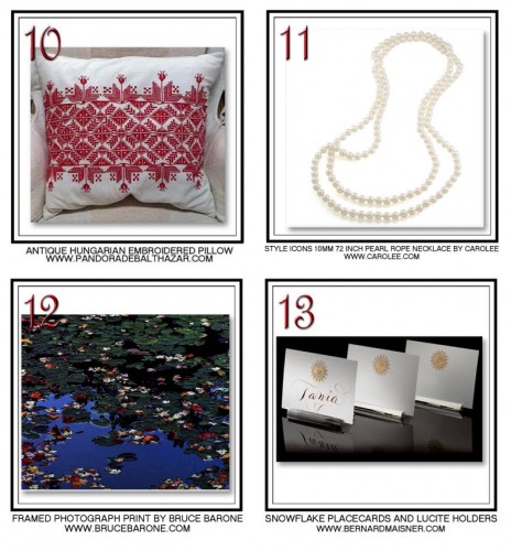 #Jingletweet prizes Pandora de Balthazar antique pillow, Carolee pearl necklace, Bruce Barone photograph, Bernard Maisner place cards
