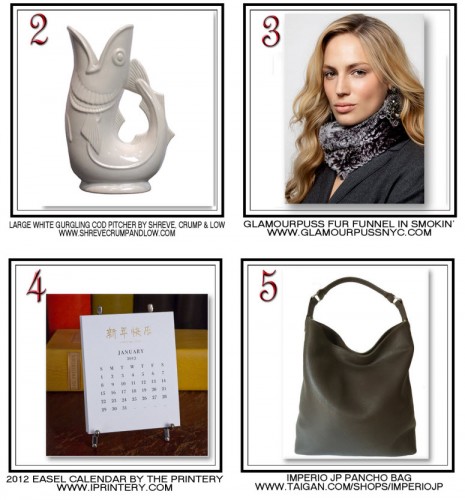 #Jingletweet Prizes 2,3,4 and 5 Gurgling Cod pitcher from Shreve, Crump and Low, Glamourpuss fur funnel, The Printery easel calendar, Imperio jp bag from Taigan