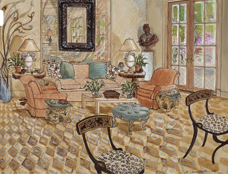 Tania Vartan watercolor of Albert Hadley designed interior