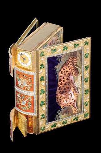 Snuffbox in the form of a book with watch, animated scene and music Photography R. Sterchi Sandoz collection at Mechanical Wonders at A La Vieille Russie