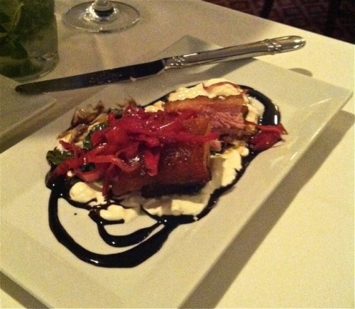 Pork belly cooked in duck fat with a balsamic vinegar glaze