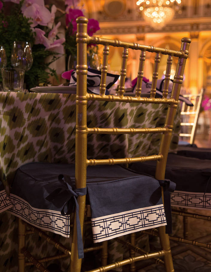 Samuel and Sons trim on Ashley Whittaker chairs at the NYBG Orchid Dinner 2018