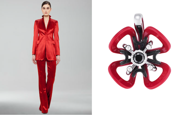 Akris satin suit with Lalique Coquelicot pendant Akris fall 2012 satin suit with Lalique jewelry