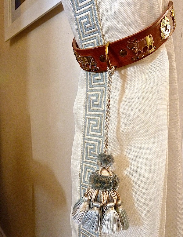 Appenzeller dog collar as curtain tie back at Rooms with a View Rooms with a View finale