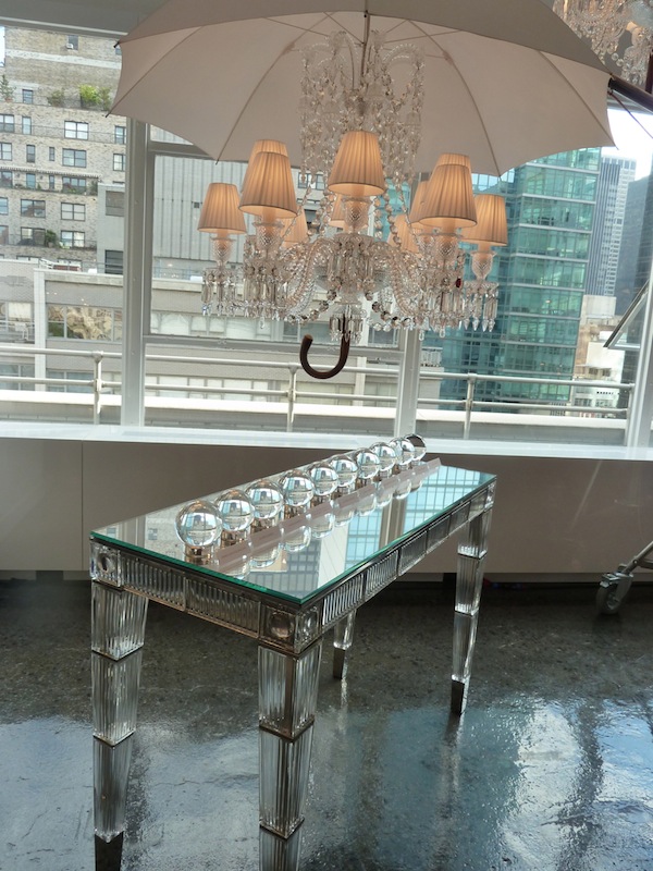 Baccarat Marie Coquine Chandelier over Crystal Supper table New Baccarat showroom at D&D building NYC