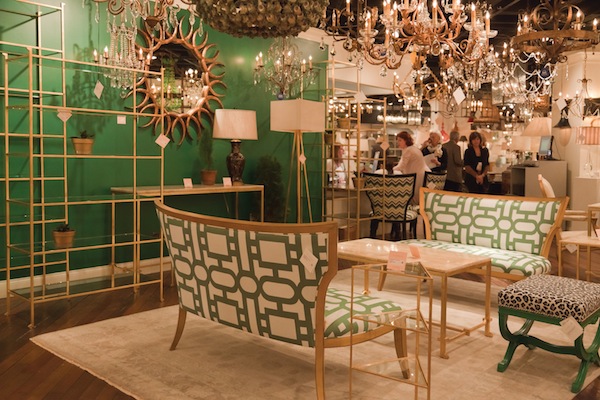 Currey and Company Garbo settees and Delano gold leaf coffee table Currey