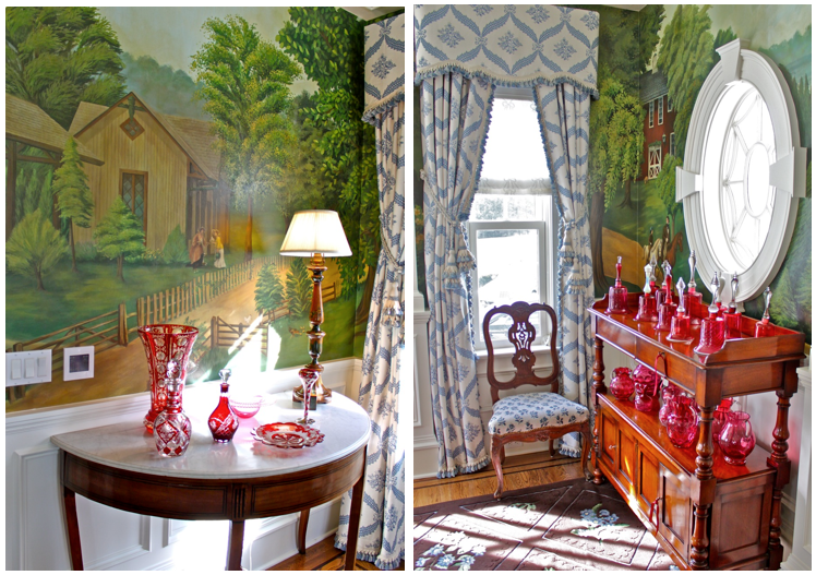 Dining Room mural and cranberry glass collection in Diamond Buratta house Andrew Tedesco mural
