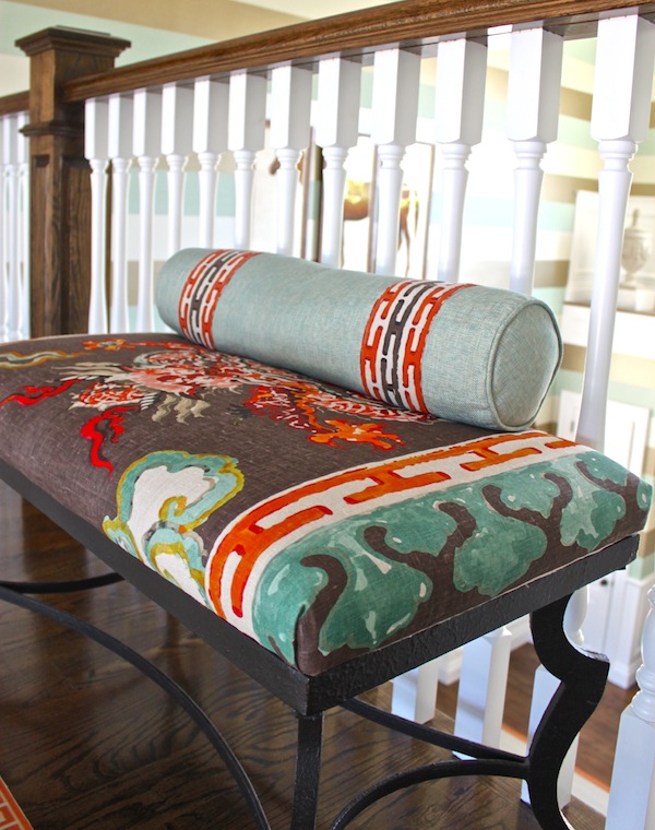 Hamptons Designer Showhouse bench on balcony Jim Thompson fabric on bench in Lee W. Robinson entry