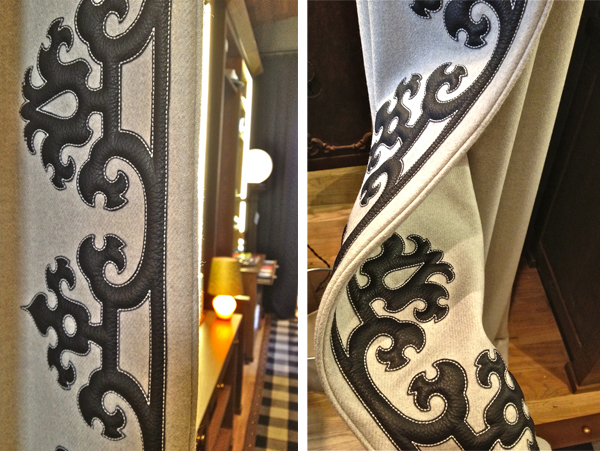 Holland-&-Sherry-Bespoke-leather-embroidered-curtains Holland & Sherry Bespoke store, Elizabeth Street, NYC