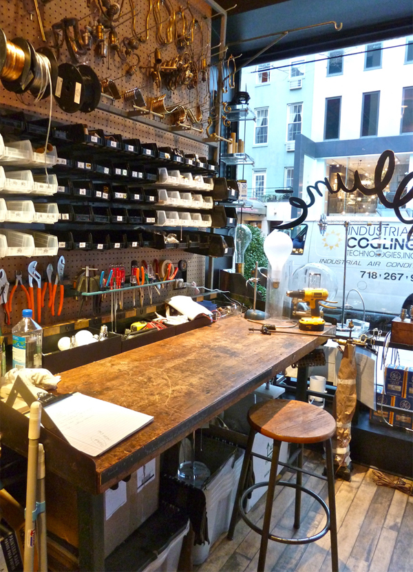 Illumé-workshop-workbenches-NY Designer lighting repair shop NYC
