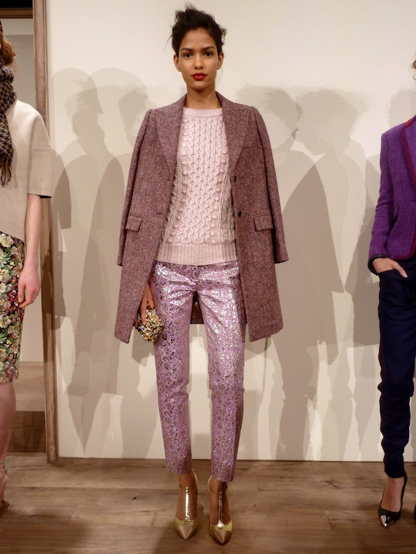 J.Crew fall 2013 purple tweed coat, fisherman sweater and metallic jacquard pants J.Crew