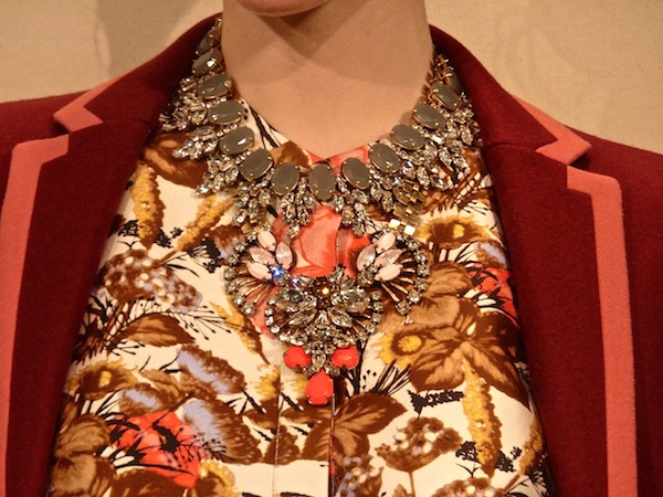 J.Crew crystal necklace, schoolboy blazer and printed silk wool blouse J.Crew