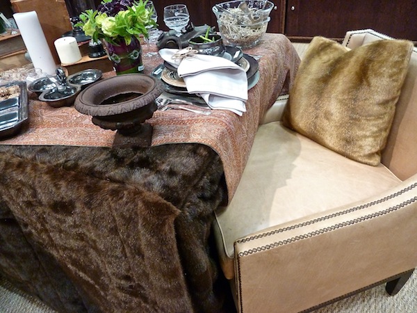 Juliska holiday with paisley and fur Juliska winter scene with leather and fur tablescape
