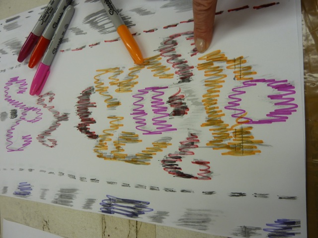 Mally Skok recoloring Ikat Crazy Mally Skok Ikat Crazy fabric at Peter Fasano's studio