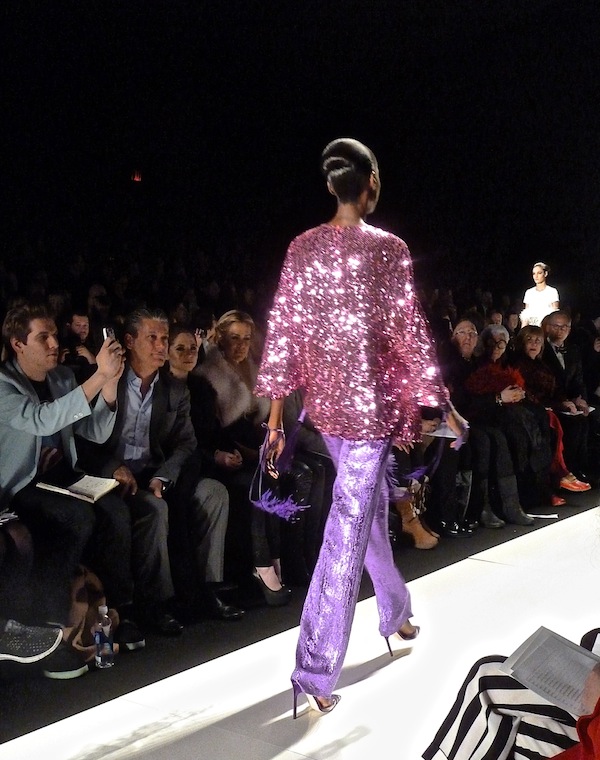 Knit paillette twin set over matelasse pants at Chado Ralph Rucci fall 2013 Ralph Rucci