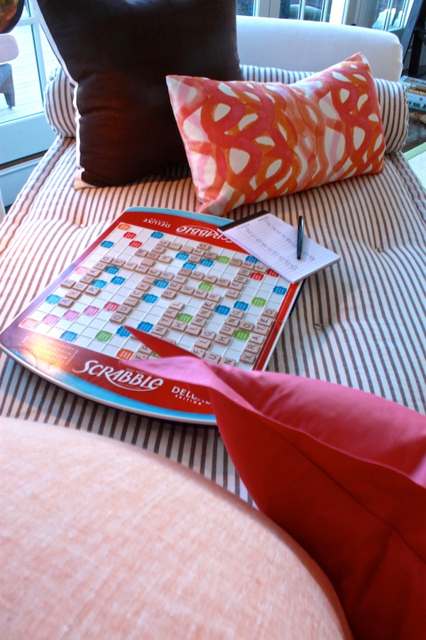 Scrabble board on daybed in Robert Passal's Hampton showhouse bedroom 2012 Hampton Designer Showhouse