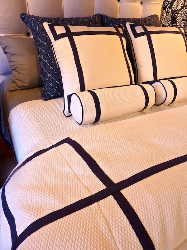 Thibaut matelasse Blue and white custom bedding from Thibaut