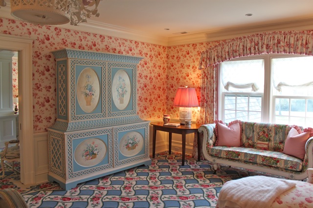 Master bedroom in Diamond Baratta designed Connecticut house French country style decorating
