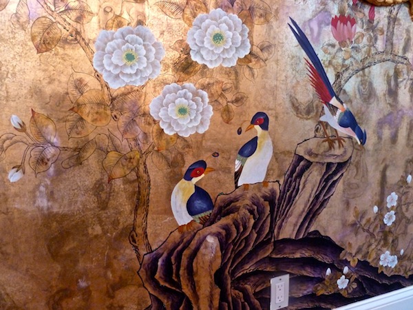 de Gournay Japanese Garden detail on old gold gilded paper with pearlescent antiqued De Gournay