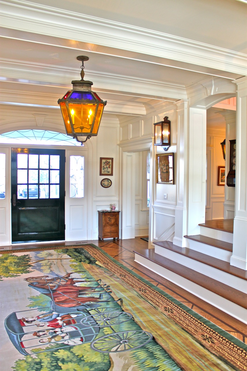 Front hall of Diamond Baratta designed Connecticut house Diamond Baratta design featuring antique lantern from London
