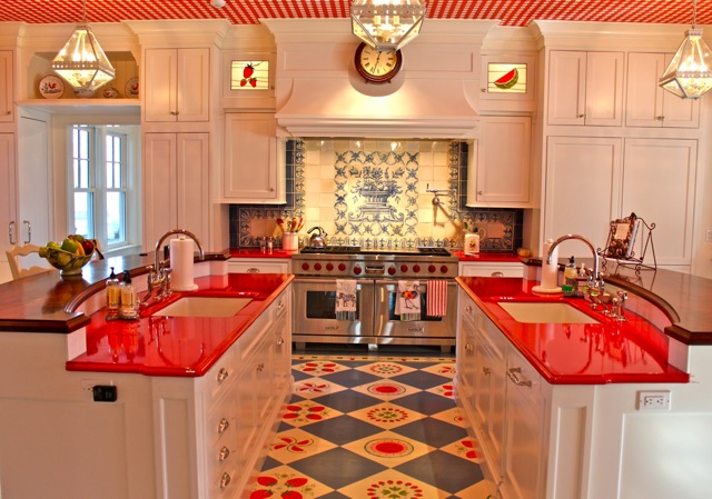 Diamond Baratta kitchen in Connecticut house Red lava stone counters and stenciled floors