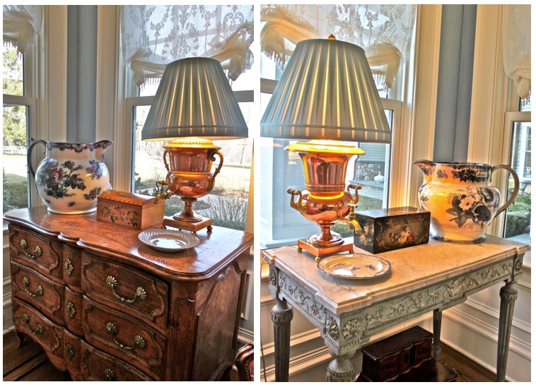 Living room vignettes with custom lamps from antique urns